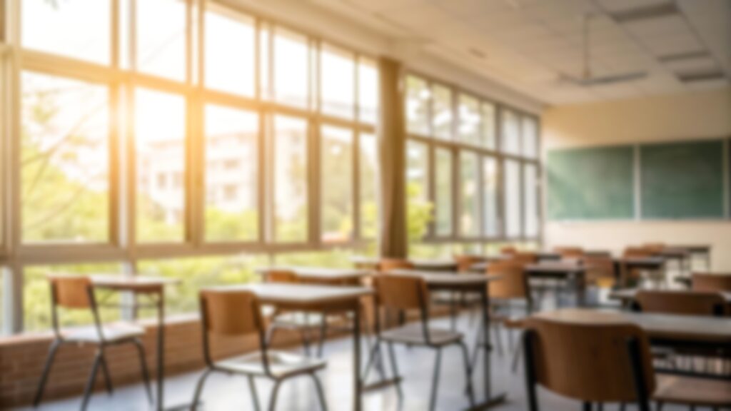 Blurred background of bright classroom